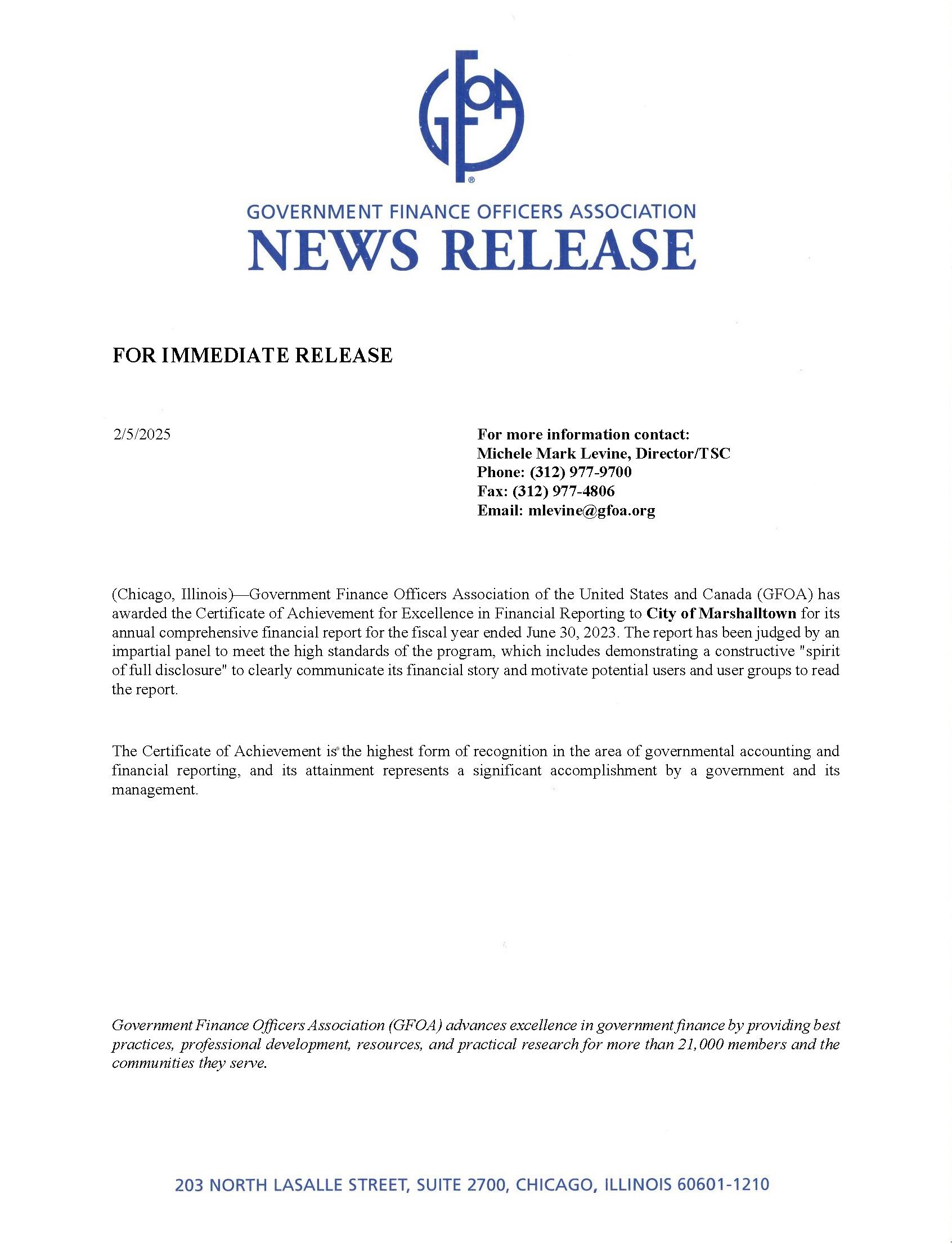 Press Release GFOA Award