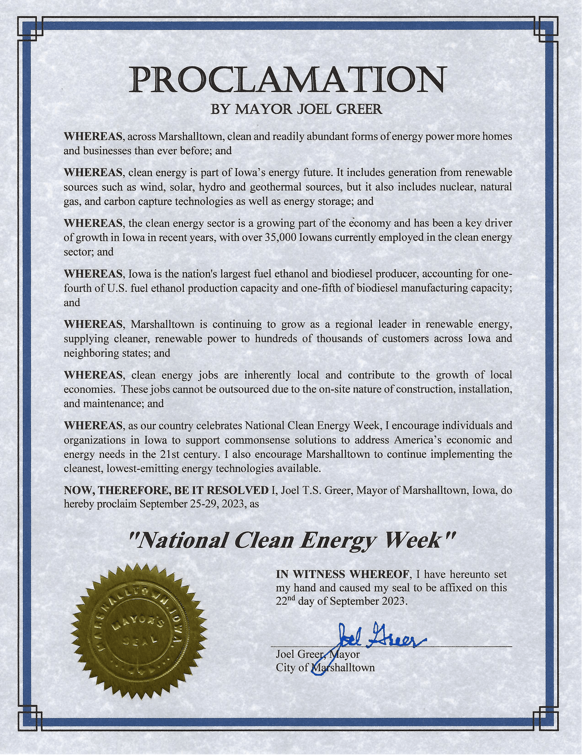 2023-09-25 National Clean Energy Week Proclamation