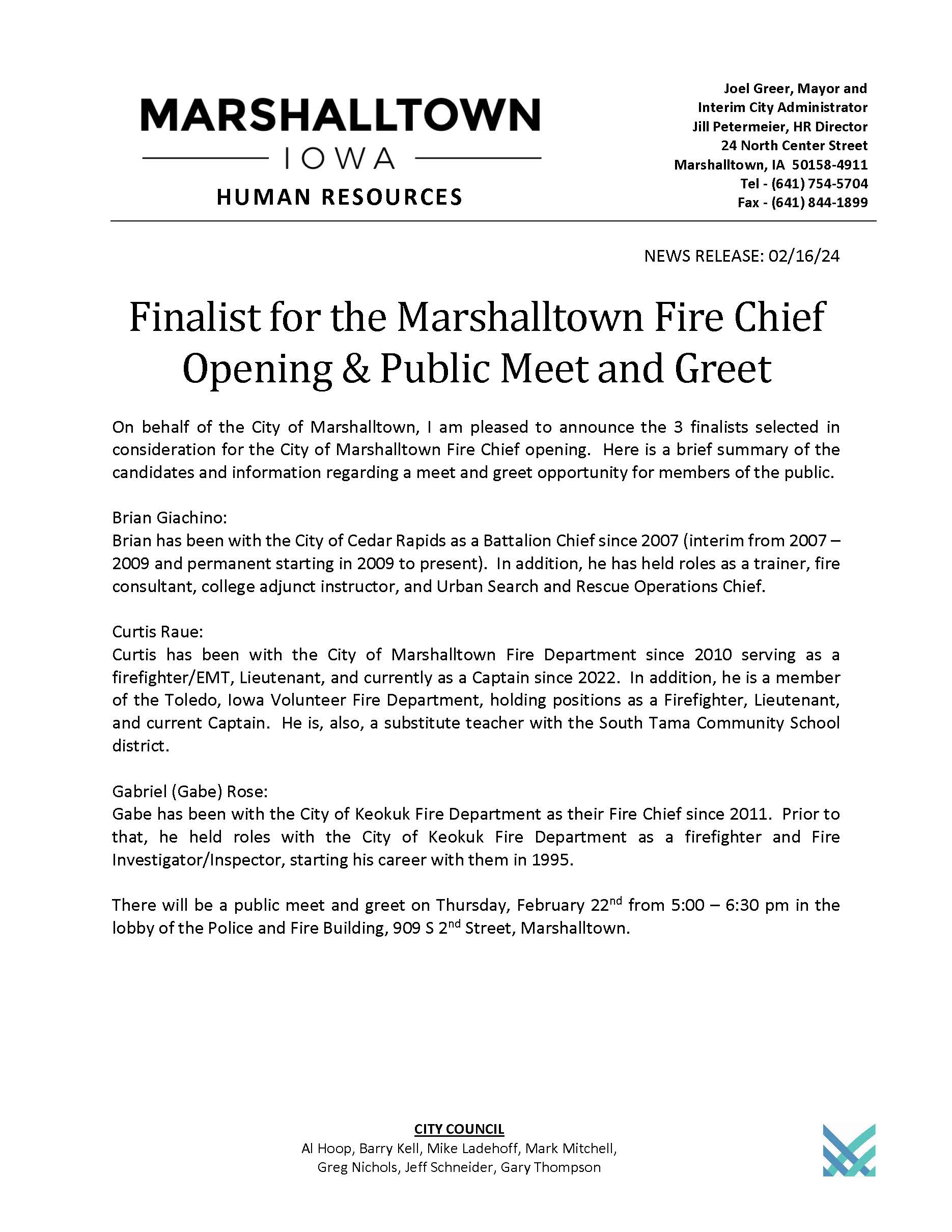 Media Release - Fire Chief Finalists